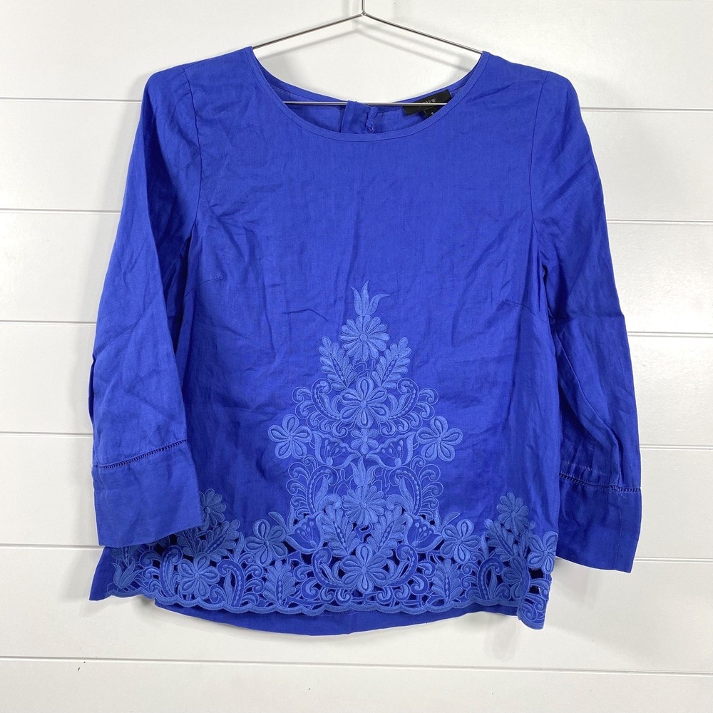 J.Crew Shirt Womens 6 Linen Embroidered‎ Eyelet Scalloped 3/4 Sleeve Back Zip